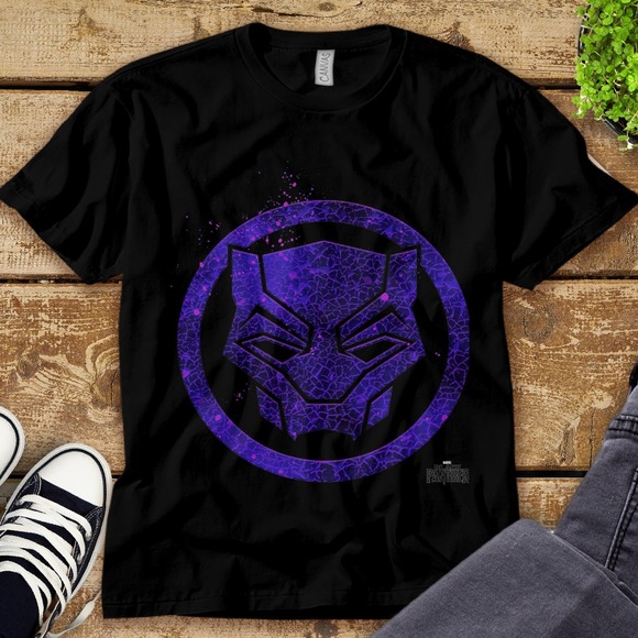 Marvel Black Panther Movie Purple Splatter Icon T-Shirt Unisex Adult T-shirt - Picture 1 of 2